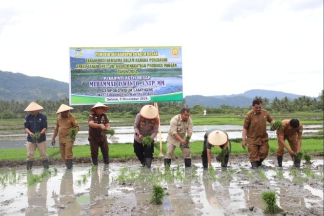 
					Pj Bupati Aceh Besar Muhammad Iswanto SSTP MM, bersama unsur Forkopimda Aceh Besar, melakukan penanaman padi perdana dalam rangka PAT, di Gampong Ateuk Lamphang, Kecamatan Simpang Tiga, pada Selasa (5/11/2024). FOTO/ PROKOPIM PEMKAB ACEH BESAR