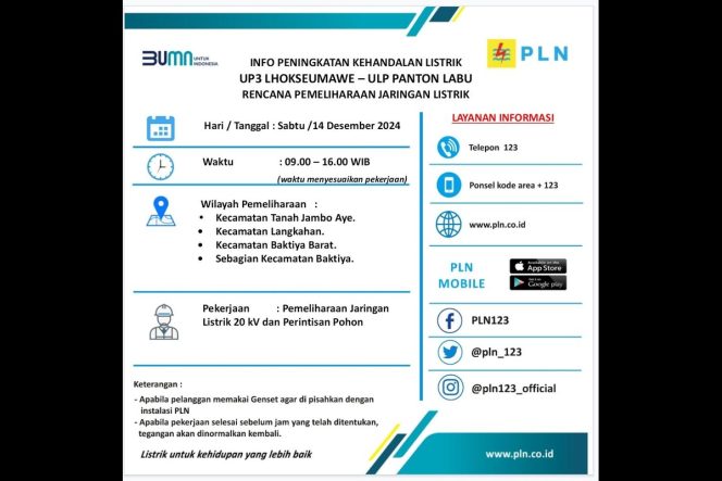 
					Selebaran dari PLN terkait listrik padam pada hari besok, Sabtu, 14 Desember 2024. Foto: Dok. PLN