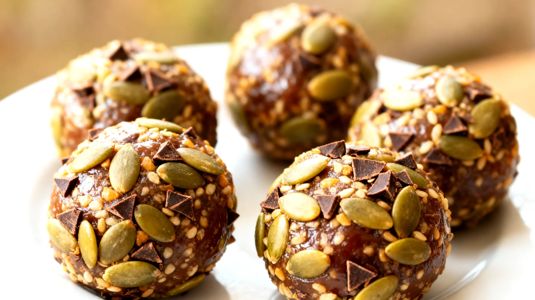 Hanfsamen-Dattel-Bällchen mit Kürbiskernen und Kakaonibs"