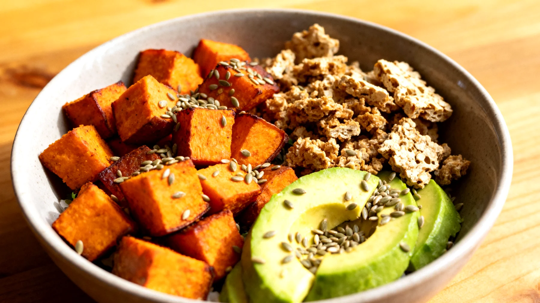 Hanfsamen-Süßkartoffel-Bowl mit Avocado und fermentiertem Tempeh"